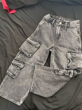 Gap Boys Baggy Stone Wash Cargo Jeans Grayish Black Denim Size 6
